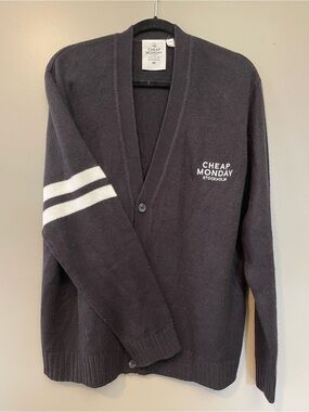 Cheap Monday Men’s Black Cardigan with White Sleeve Stripes